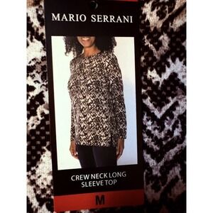 MARIO SERRANI Crew Neck Long Sleeve Top Size M Black White Print NWT